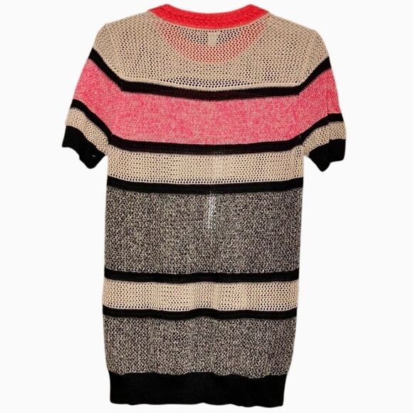 Halogen Striped Crochet Short Sleeve Sweater in Pink/Tan/Black Women’s S - Picture 3 of 5